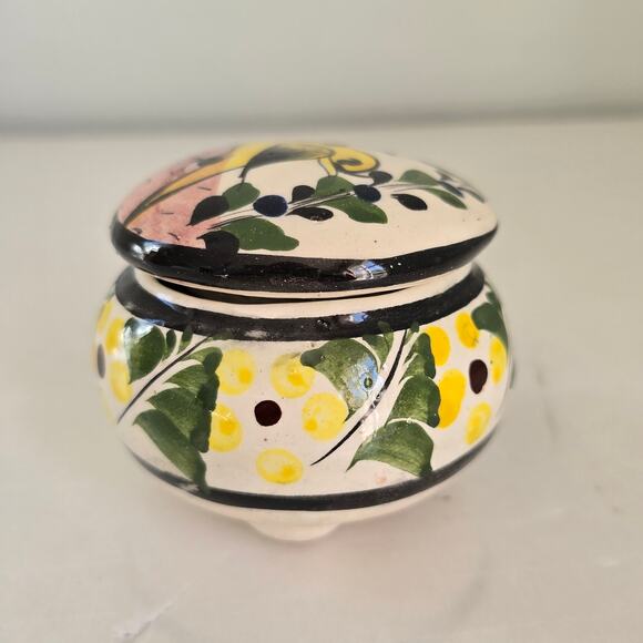 Vintage Tonala Mexico Small Covered Ceramic Trinket Box Yellow Bird Floral Boho - Picture 4 of 10